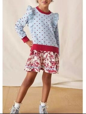 Matilda Jane Light Blue Polka Dot Ruffle Top with Pink Trim